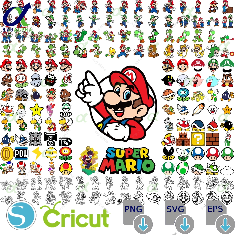 950+ Super Mario Bundle Mario Bros Svg Clipart Luigi Png Designs Mario Fonts Retro Gaming Icons Layered Files For Cricut Print