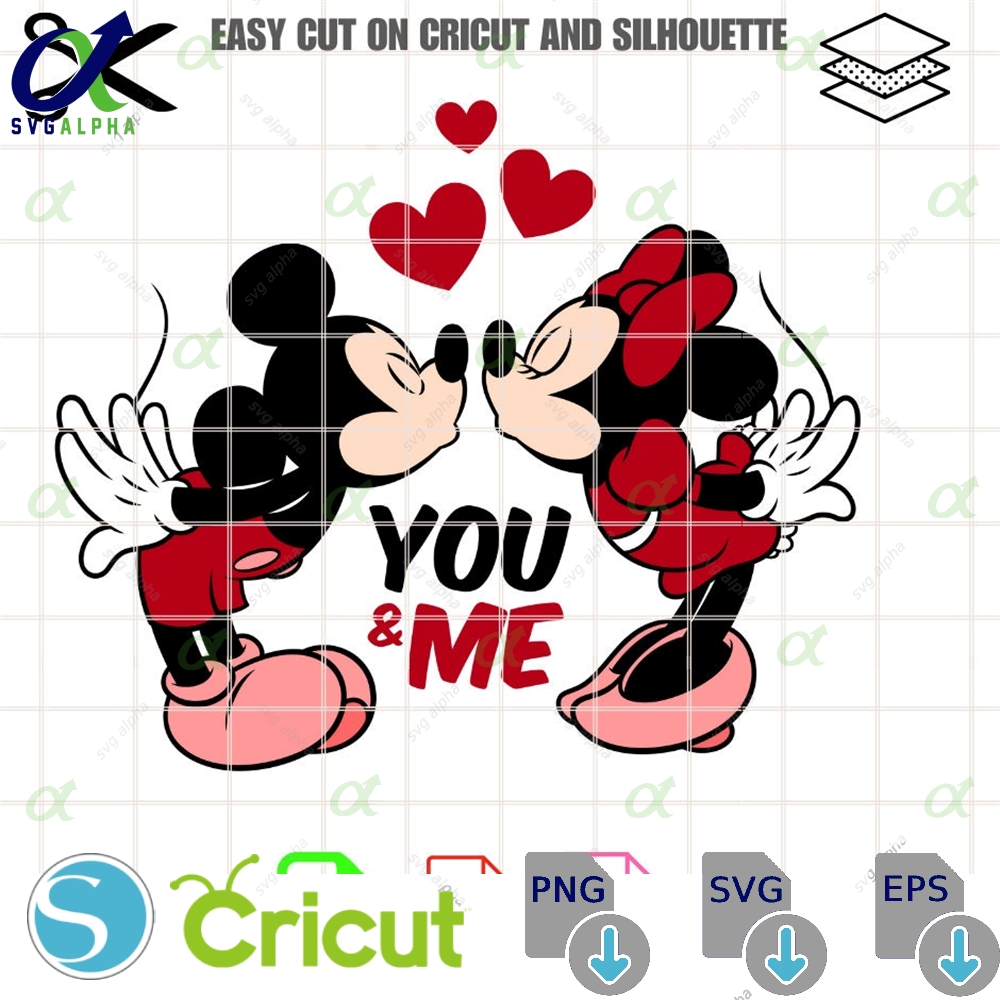 You Me Mickey Minnie Kiss Svg Love Valentines Day Kawaii Cricut Silhouette Vector Cut File
