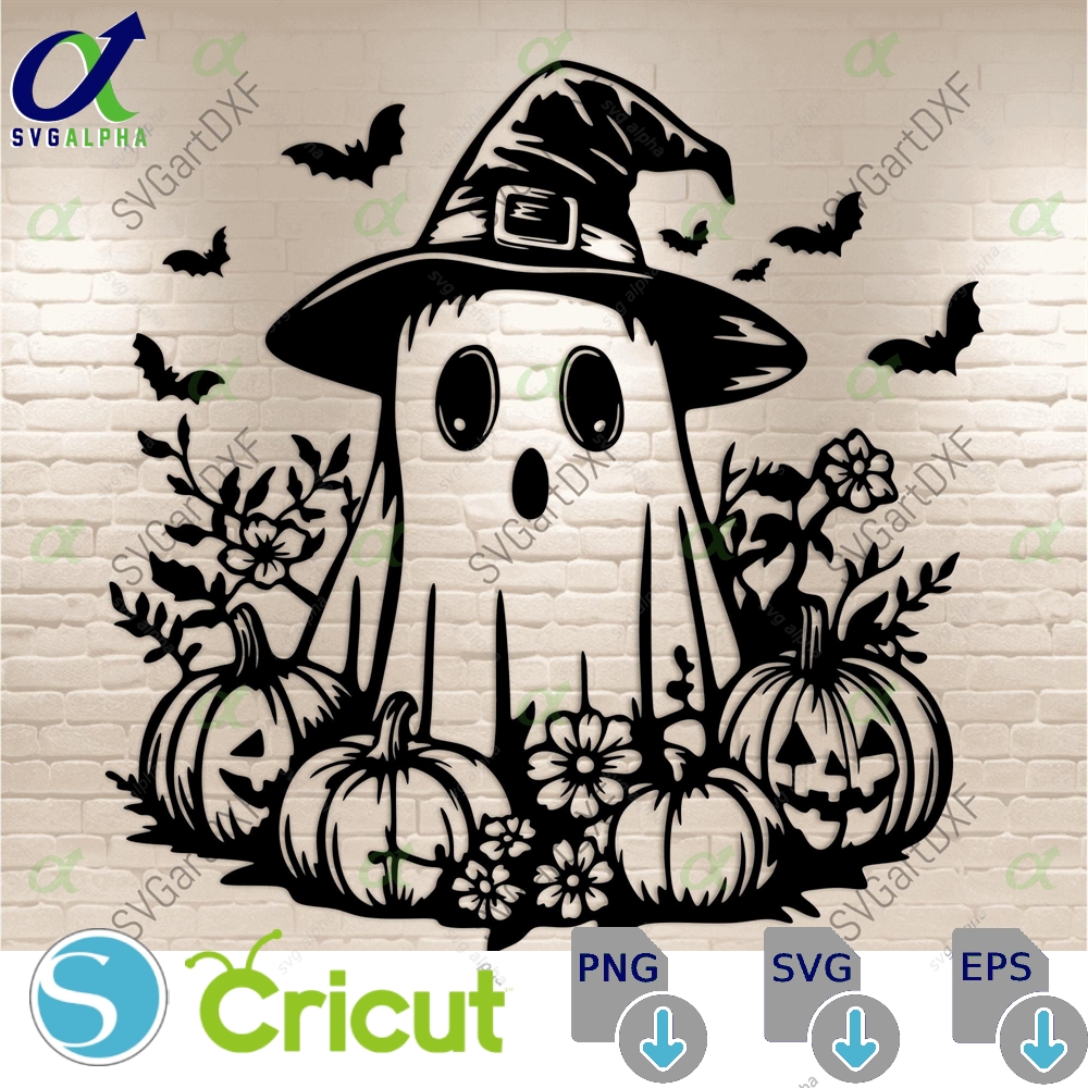 Halloween Ghost Svg For Cricut Spooky Fall Pumpkins And Leaves Cute Flower Ghost Png For T-shirt Sublimation Design Instant Download