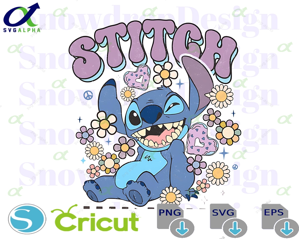 Retro Stitch Png Cute Floral Disney Sublimation Design Groovy Cartoon Character Digital Download Pastel Boho