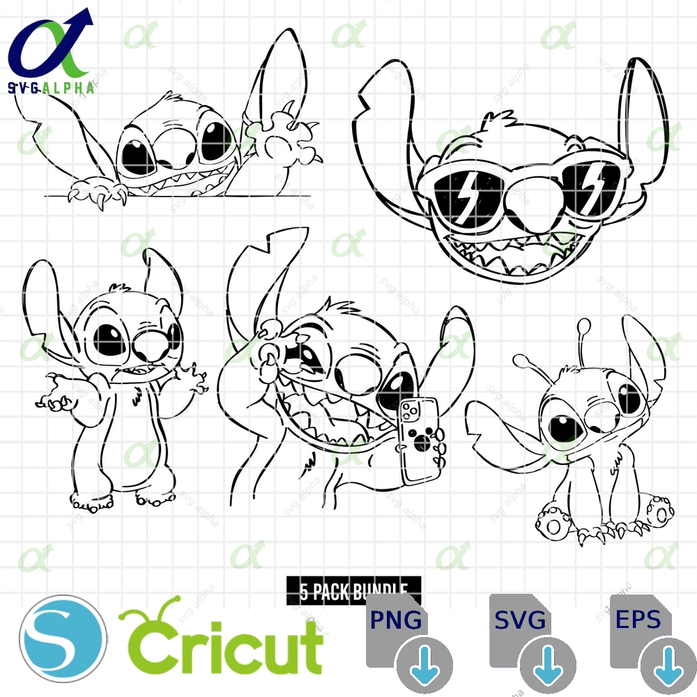 Stitch Line Art Pack Bundle Svg Eps Png Dxf Jpeg Photographer Glasses Smartphone Frustrated