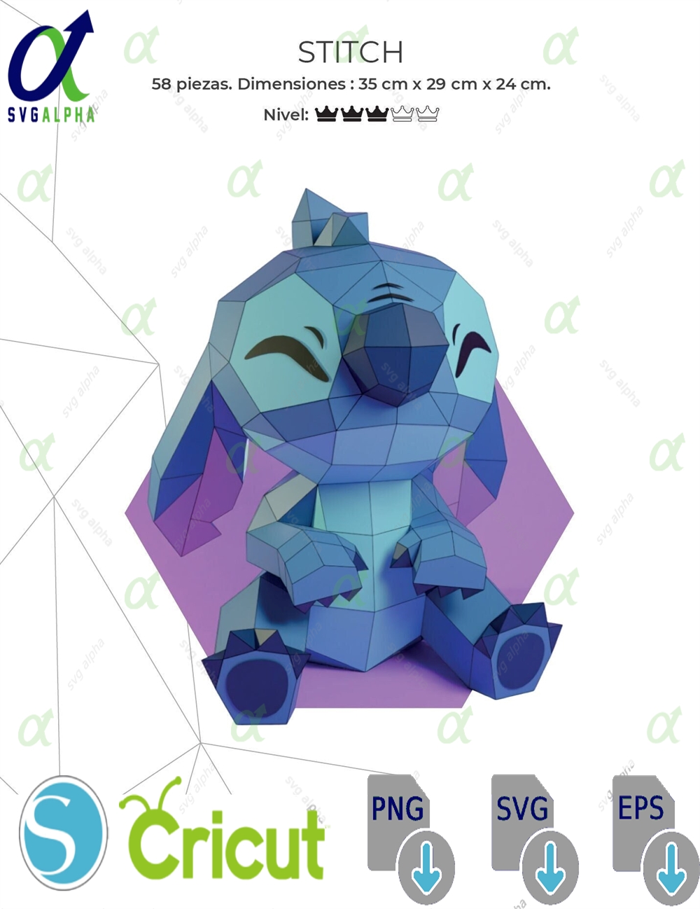 Stitch Papercraft 3d Low Poly Template Pdf Svg Dxf Diy Lilo Decor Pepakura Model For Cricut Silhouette Cutting
