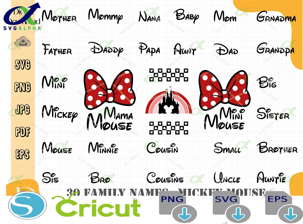Family Names Bundle Mickey Minnie Mouse Mini Mama Svg Name Set Png Formats Instant Download Silhouette Cricut