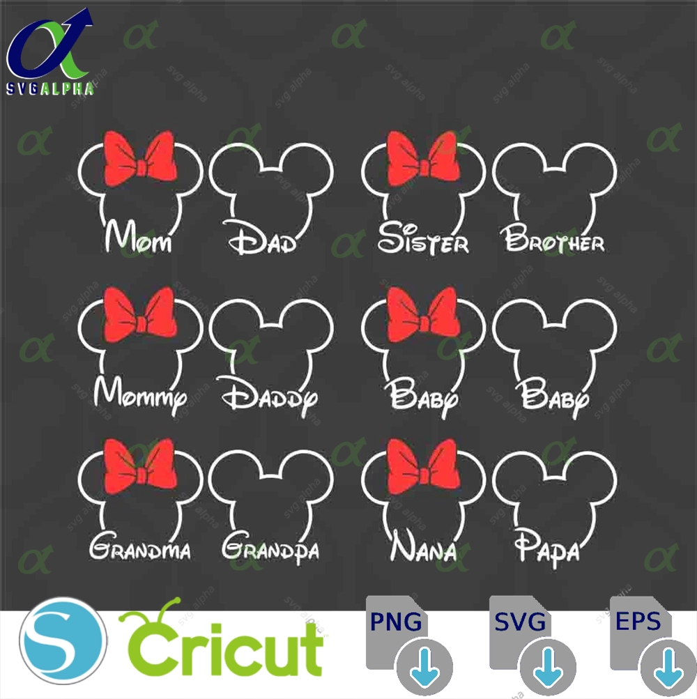 Family Names Bundle Mickey Minnie Mouse Nana Papa Sis Bro Baby Mom Dad Head Ears Bow Svg Png Formats Instant Download Silhouette Cricut