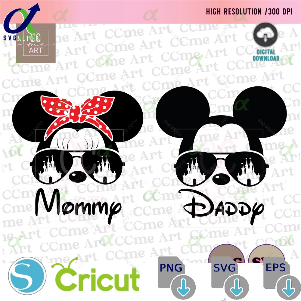 Mommy Daddy Mickey Minnie Mouse Sunglasses Castle Head Ears Bow Svg Png Formats Instant Download Silhouette Cameo Cricut