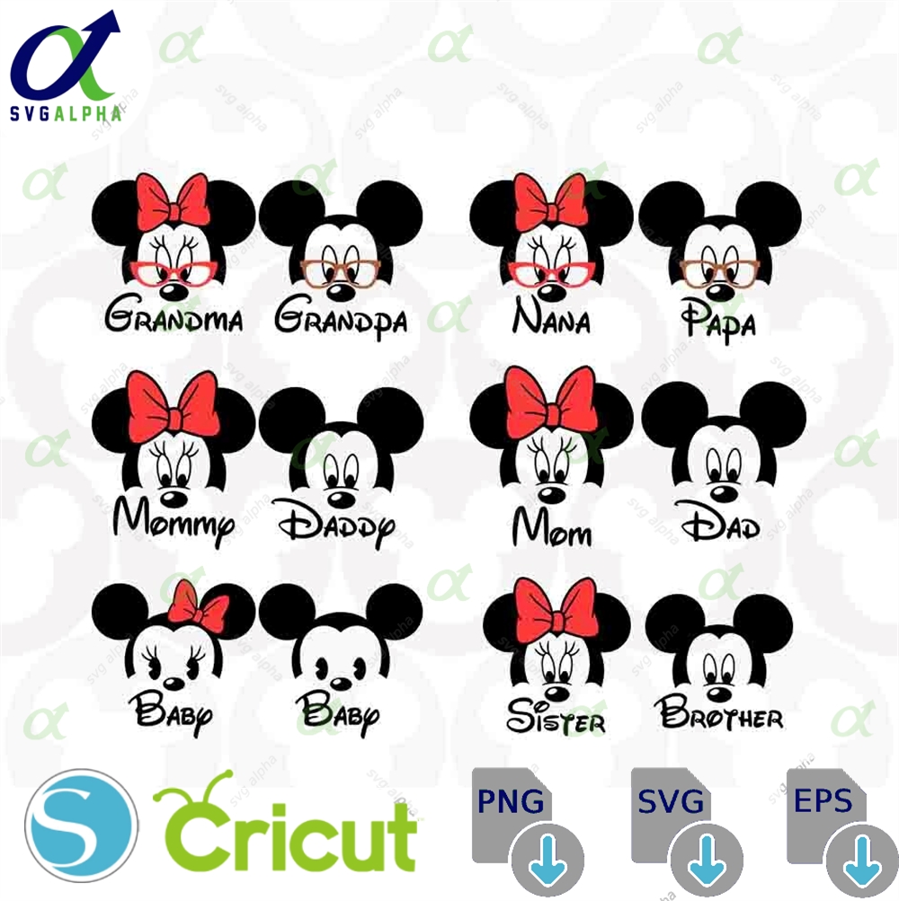 Family Names Bundle Mickey Minnie Mouse Grandma Grandpa Sister Brother Head Ears Bow Svg Png Formats Instant Download Silhouette Cricut