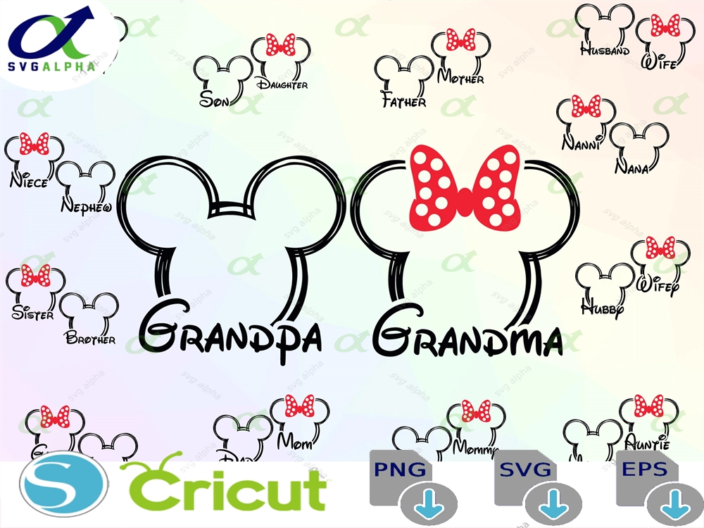 Mickey Minnie Mouse Grandma Grandpa Sister Brother Head Ears Bow Family Name Set Bundle Cricut File Svg Png