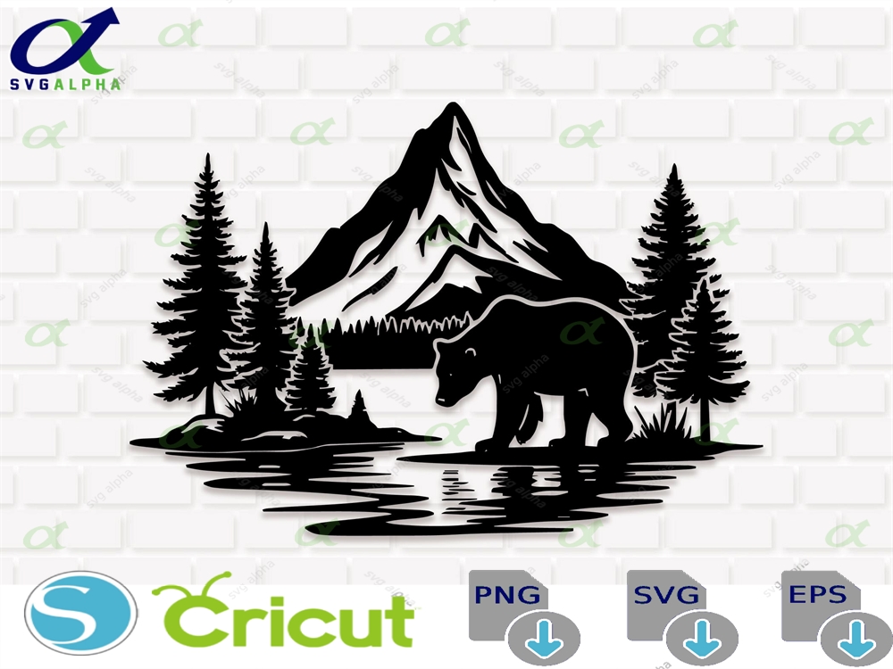 Bear In Forest Svg Png Grizzly Bear Clipart Mountain Scene - Cricut Silhouette Digital Download