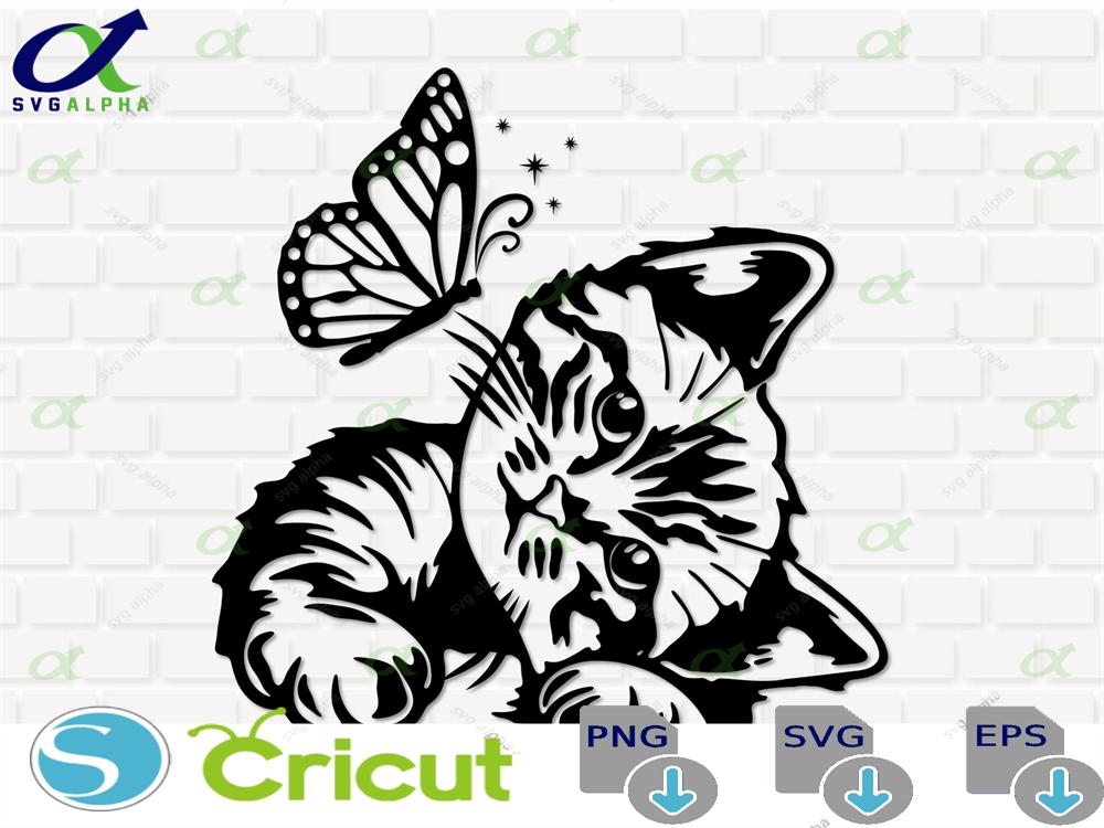 Cute Cat Svg Curious Kitten Clipart Cat Svg Cat With Butterfly Svg Peeking Face Svg Cricut Instant Download Png