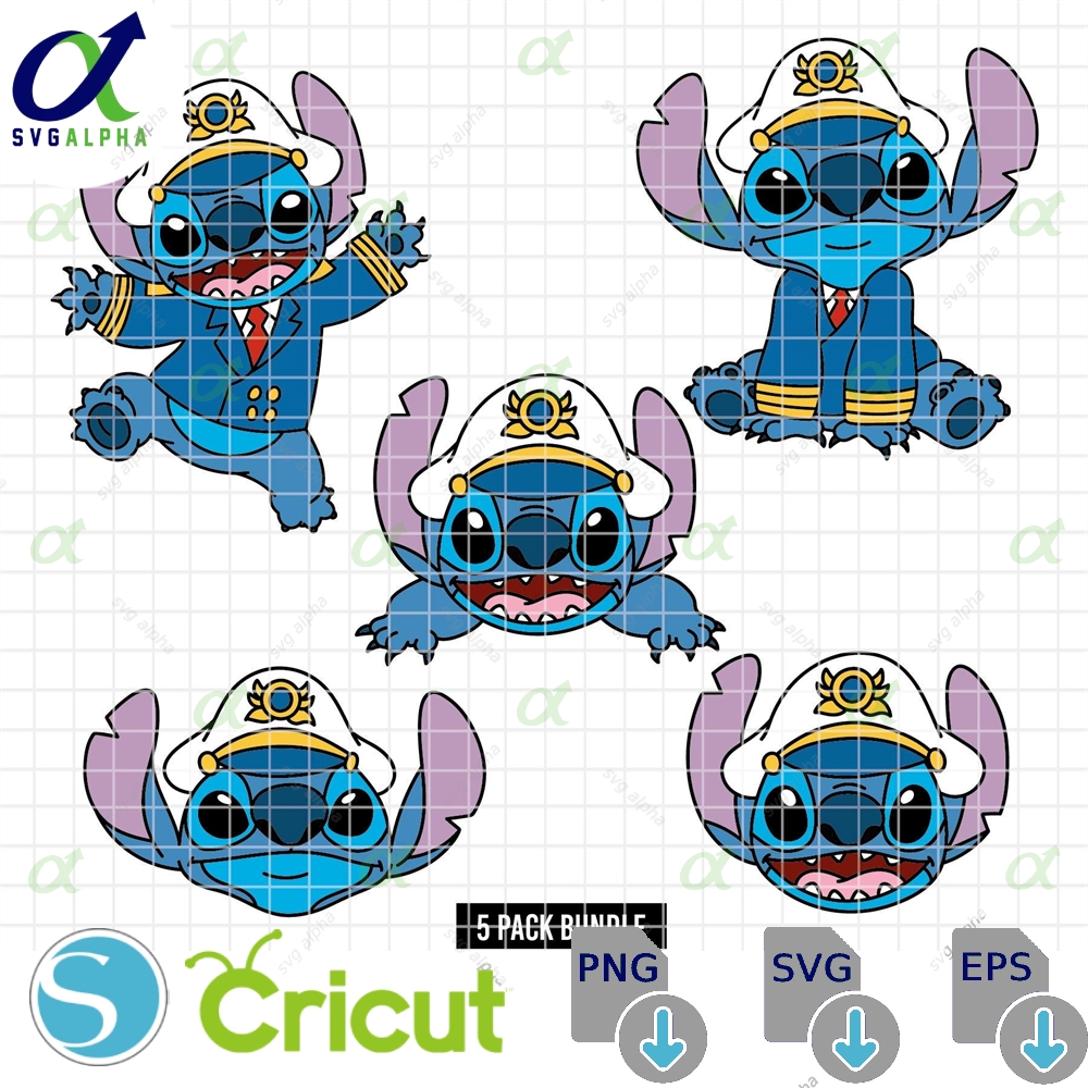 Stitch Cruise Pack Bundle Dtf Full Color Svg Eps Png Dxf Jpeg Standing Sitting Silhouettes With Hat