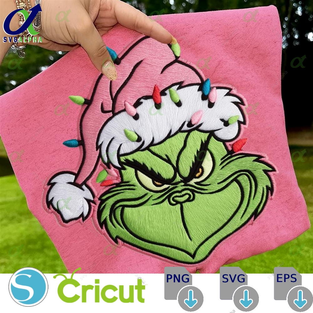 Embroidered Grinc Christmas Lights Png Preppy Christmas Png Pink Christmas Png Santa Png Christmas Movie Png Cute Xmas Png Holiday Png