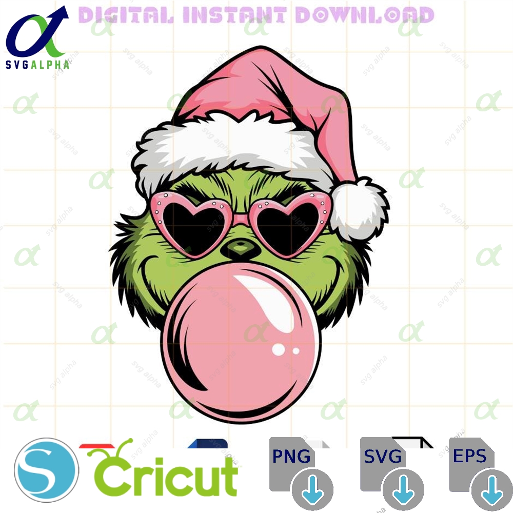 Pink Christmas Grinch Blowing Bubble Heart Sunglasses Svg Merry Grinchmas Svg Santa Claus Svg Cricut Silhouette Vector Cut File